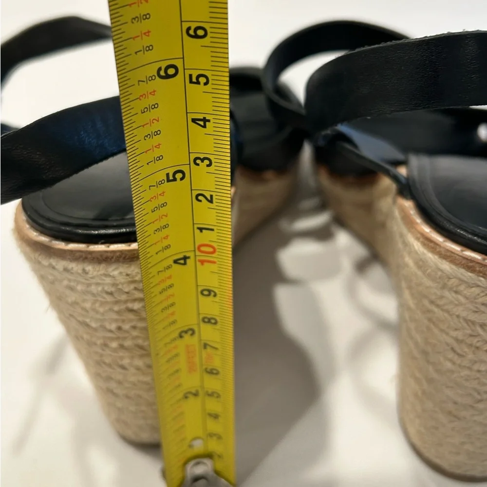 Black Leather Espadrille Wedge Sandals Adjustable Ankle Strap Sz‎ 9.5 Preowned